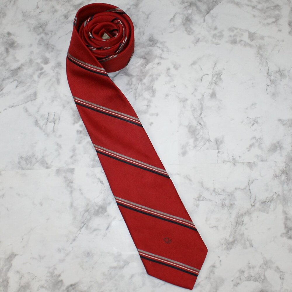 VINTAGE CHRISTIAN DIOR Neck Tie Stripe Red Black White Gray Luxury Necktie